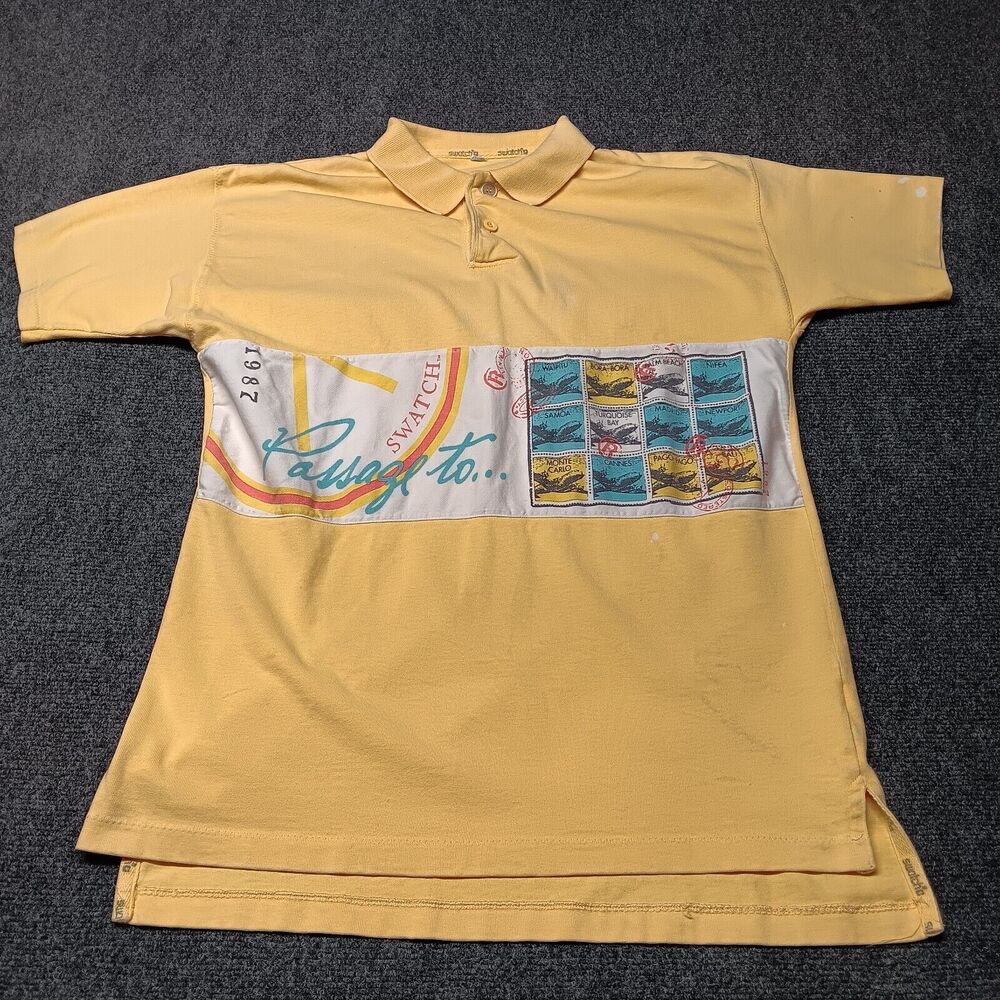 Vintage Swatch Polo Shirt Men Large Yellow‎ Postage Stamp Vacation Golf